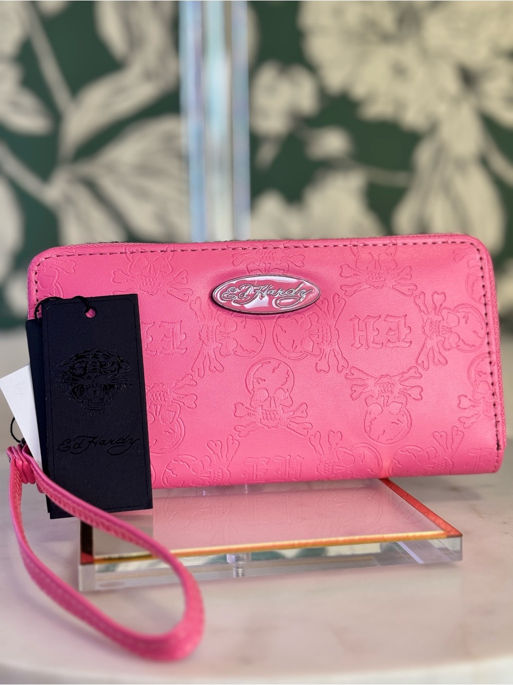 Ed Hardy Pink Embossed Zip-Around Wristlet Wallet NWT